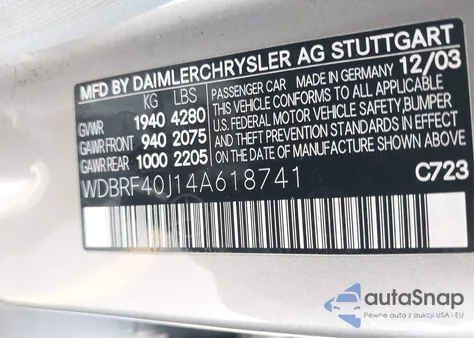 2004 Mercedes-Benz C 230 Kompressor Sport/Sport z USA, uszkodzony, nr VIN WDBRF40J14A618741